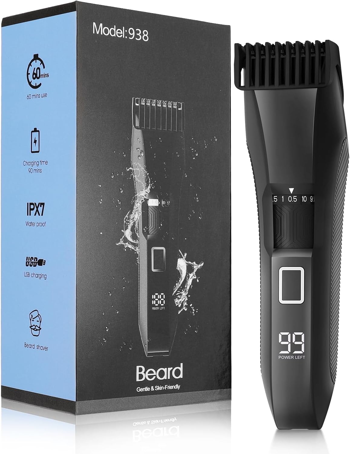 Men's Beard Trimmer, 20 Length Adjustable, IPX7 Waterproof Cordless Hair Clipper, Stainless Steel T-Blade for Precision Facial Hair Trimming for Men, LED Display(Black)