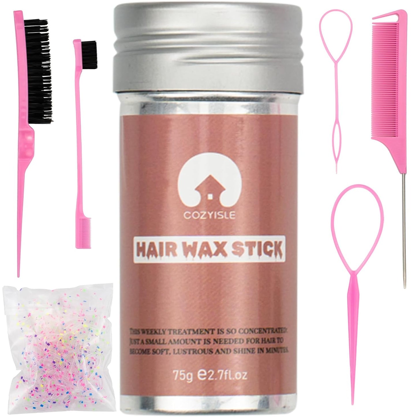 Hair Wax Stick Set & Slick Back Kit for Women – 7-in-1 Styling Tools with Hair Loop Styling Tool | Tames Flyaways, Frizz Control | Portable Hair Sticks (Pink)