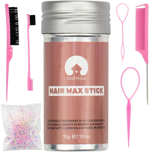 Hair Wax Stick Set & Slick Back Kit for Women – 7-in-1 Styling Tools with Hair Loop Styling Tool | Tames Flyaways, Frizz Control | Portable Hair Sticks (Pink)