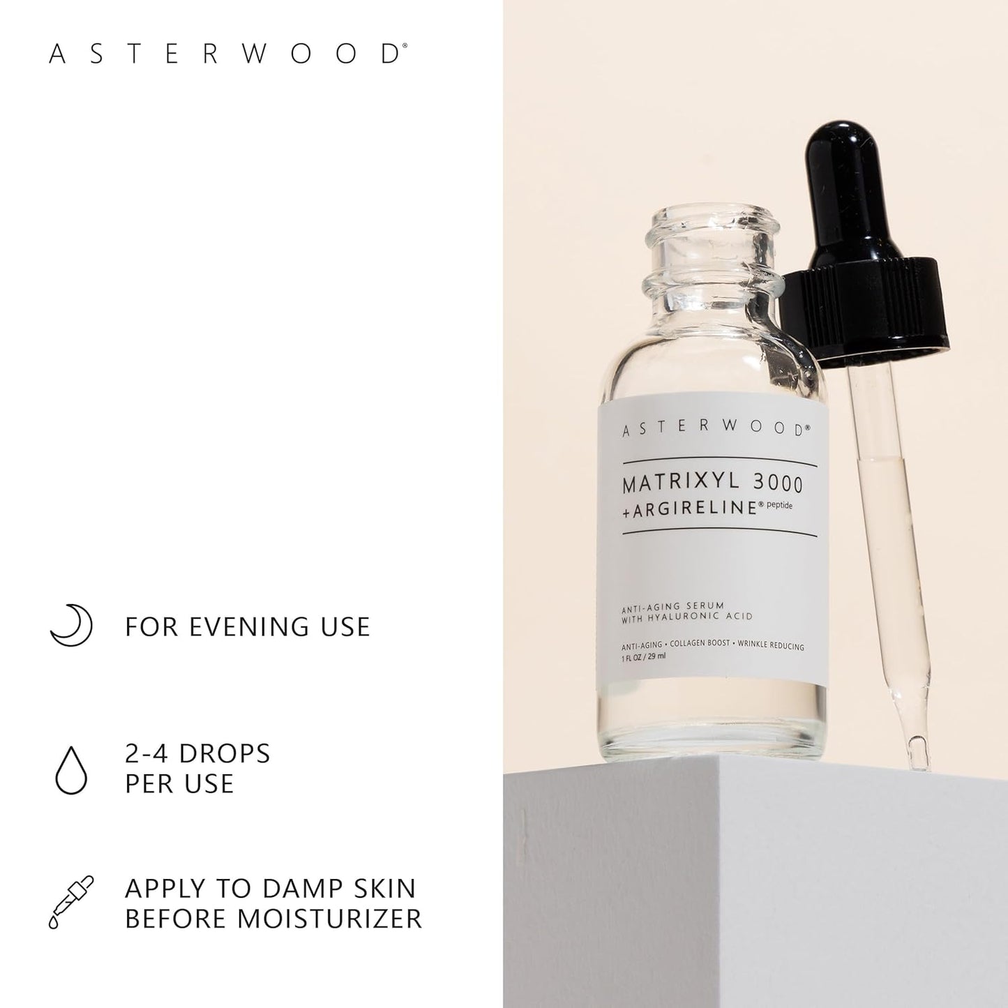 Asterwood Matrixyl 3000 + Argireline Serum for Face - Multi Peptide Serum with Hyaluronic Acid - Anti-Aging, Wrinkle Reducing, Collagen Boosting - Fragrance-Free - 1 Fl Oz
