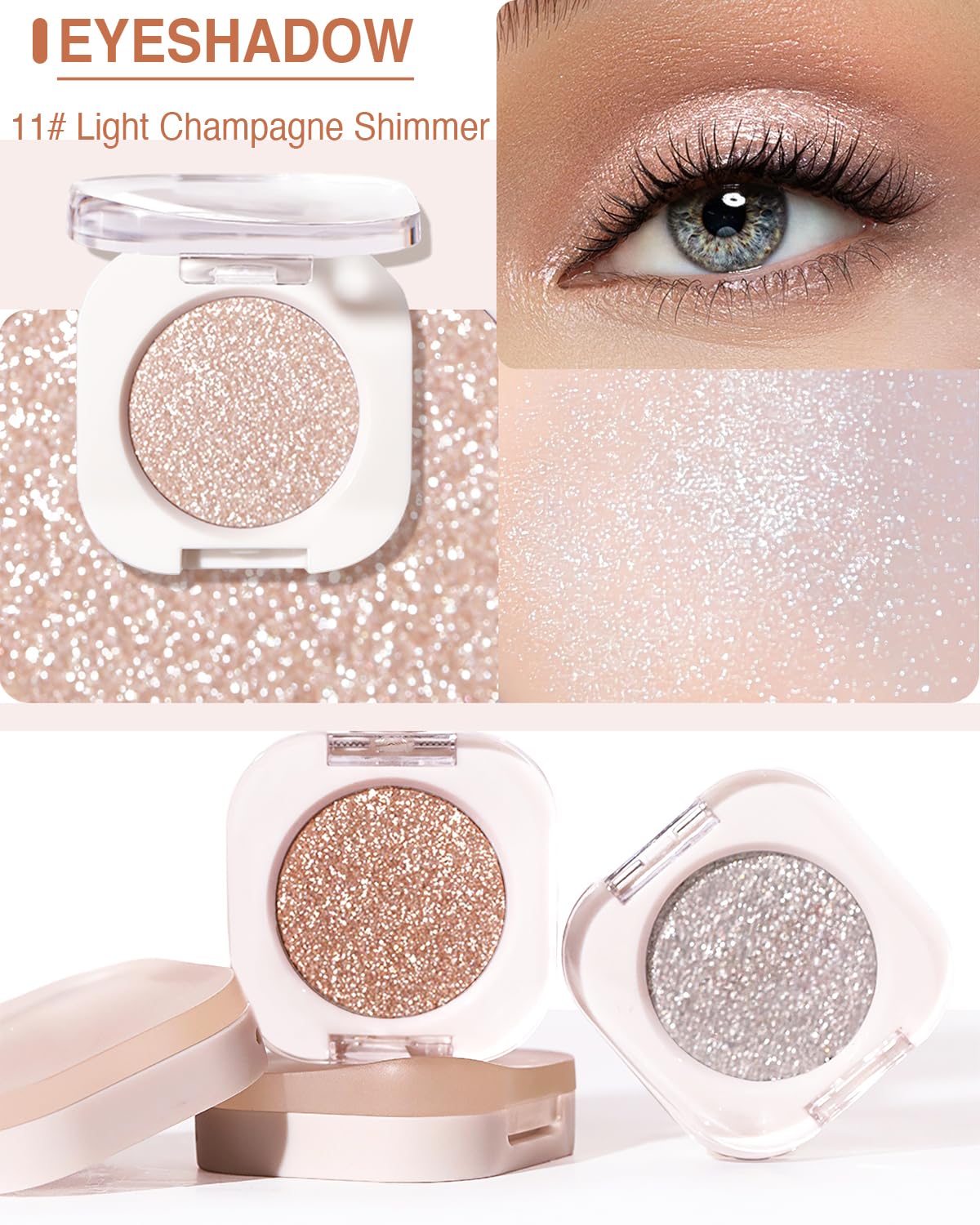 Glitter Shimmer Eye Shadow, Pigmented, Soft, Smooth Formula, Blendable Sparkly Eyeshadow Makeup, Long-lasting Metallic and Shimmer Finish, Pearl Champagne