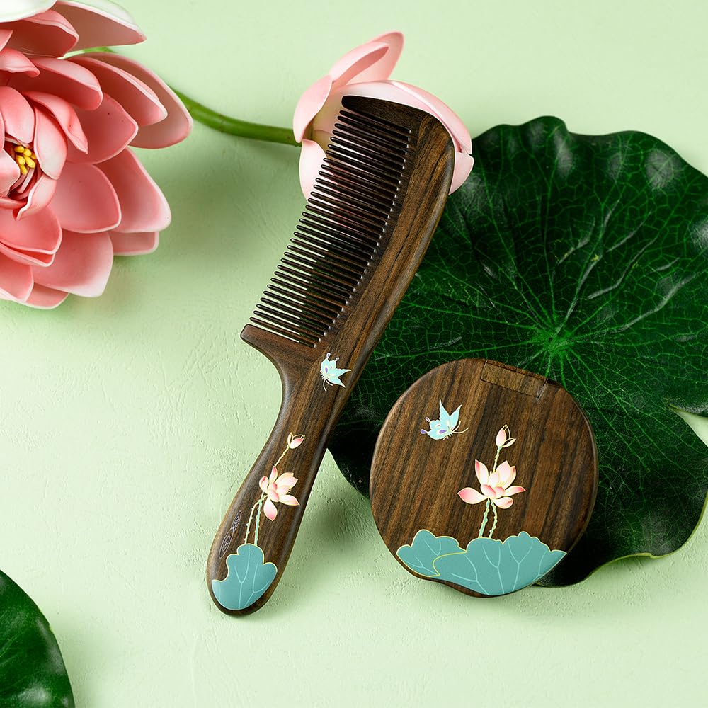 TAN MUJIANG Hair Comb Natural Wood Anti-static (Butterfly & Lotus)