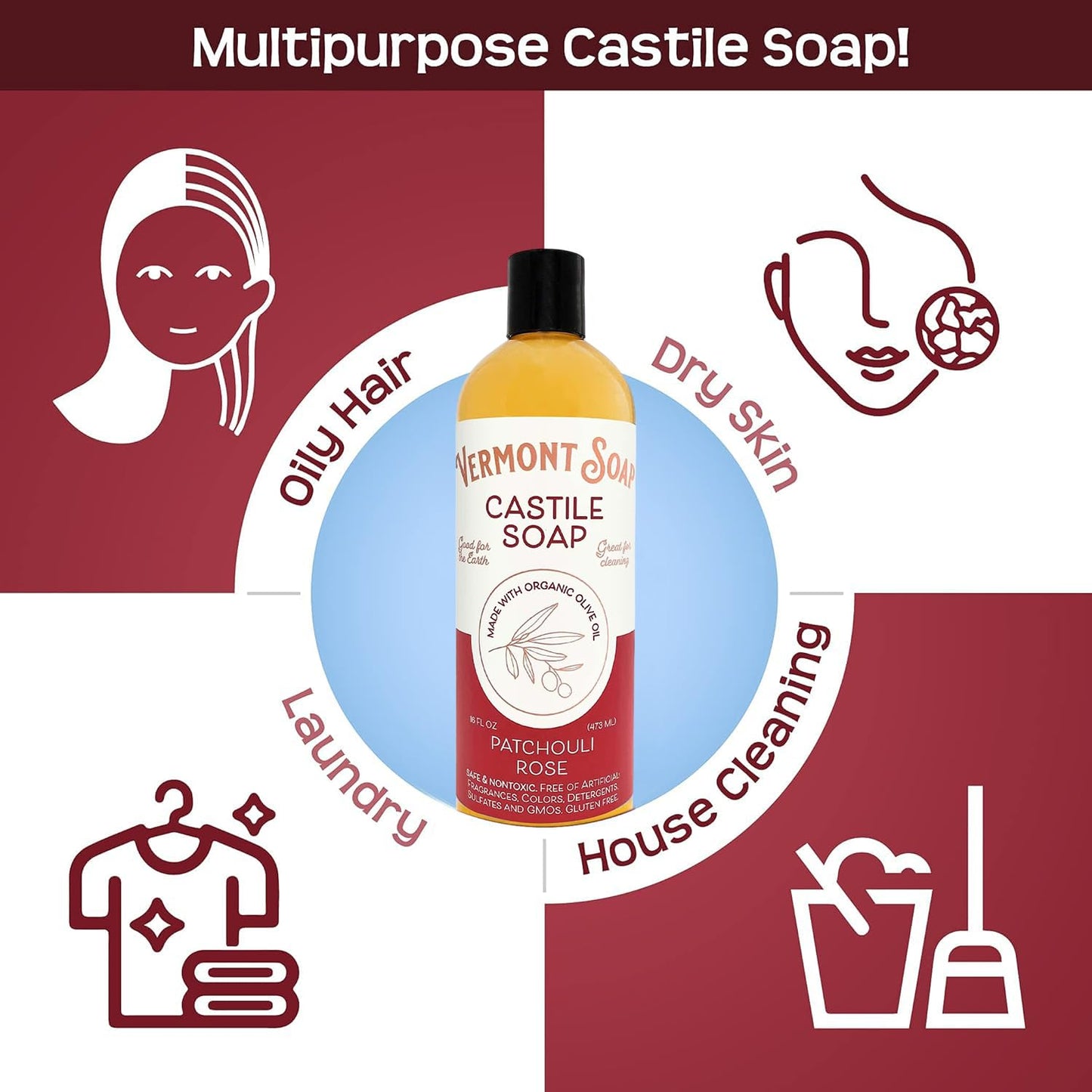 Vermont Castile Soap Patchouli Rose, Gentle Liquid Soap for Sensitive Skin & Natural Body Wash, Organic Hair Shampoo for Oily Hair, Aloe Castile Soap for Men & Women - 16 Oz