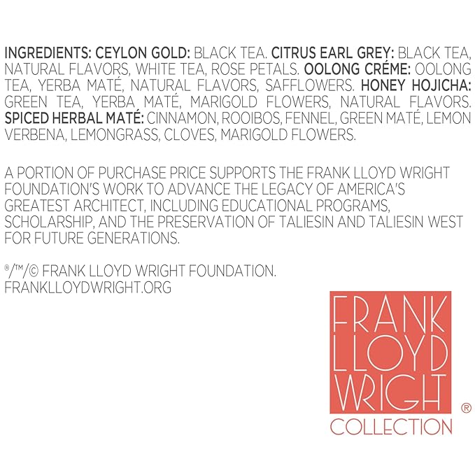 Tea Forte Frank Lloyd Wright 3-Piece Mother's Day Tea Gift Set with Sienna Stoneware Cup with Tea Tray and 10 Count Mini Presentation Box, 2 of Each Blend Handcrafted Pyramid Infuser Tea Bags