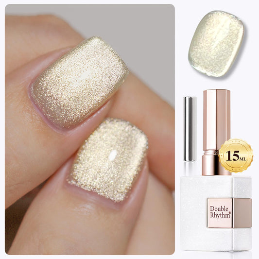 Double Rhythm Cat Eye Gel Polish with Magnet 15ML Ice Glass Holographic Glitter Shimmer Translucent Sheer Color Salon Soak Off Magnetic at Home (Gold-MC1140)