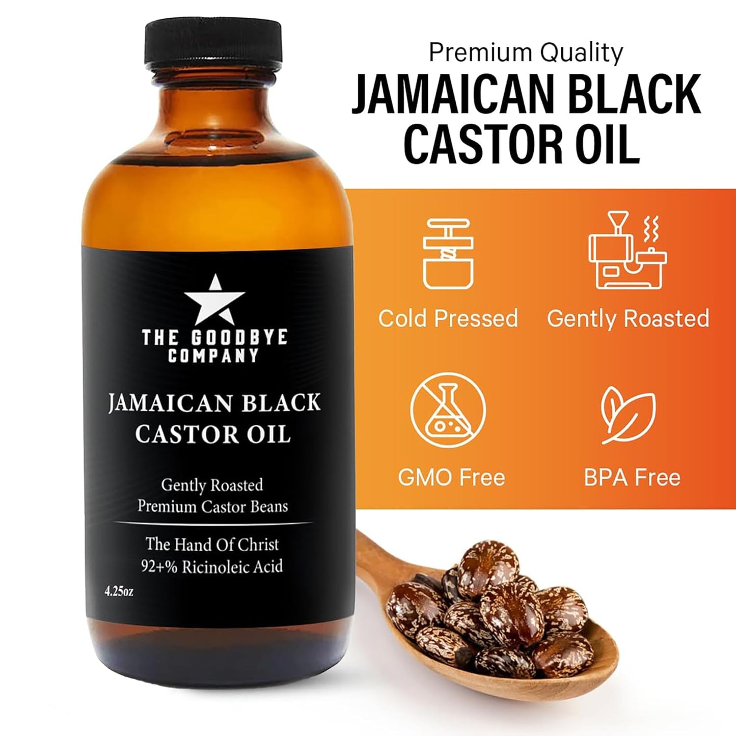 The Goodbye Company Black Castor Oil – (120mL / 4.25oz) – Cold-Pressed & Unrefined – 100% Pure & Hexane-Free – Glass Bottle – Nourishing Oil for Eyebrow, Eyelash & Hair Growth