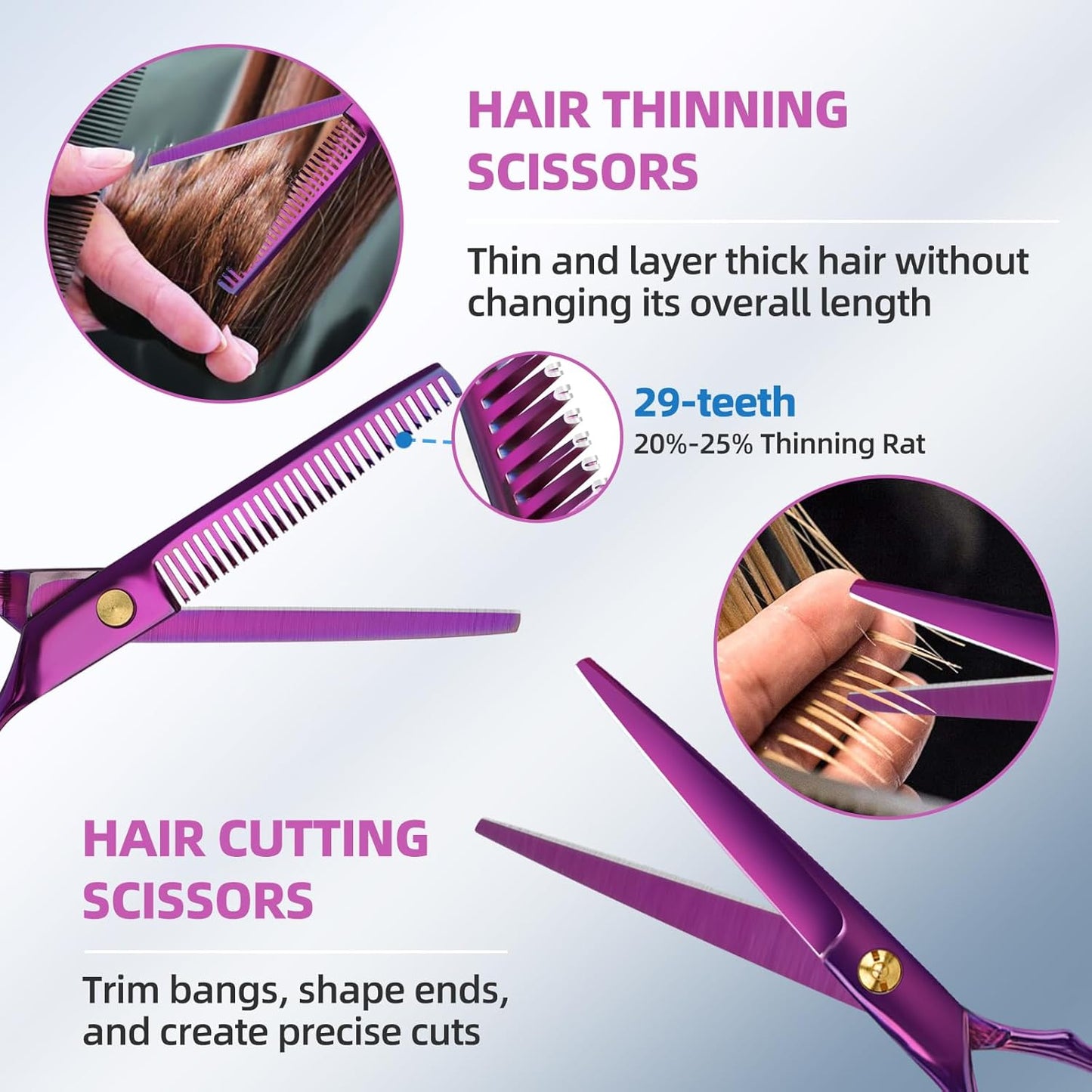 Professional Hair Cutting Scissors - 9 PCS Haircut Scissors Set with 29-Tooth Thinning Shears and Straight Shears for Men Women Home Salon Barber (6.5", Purple)