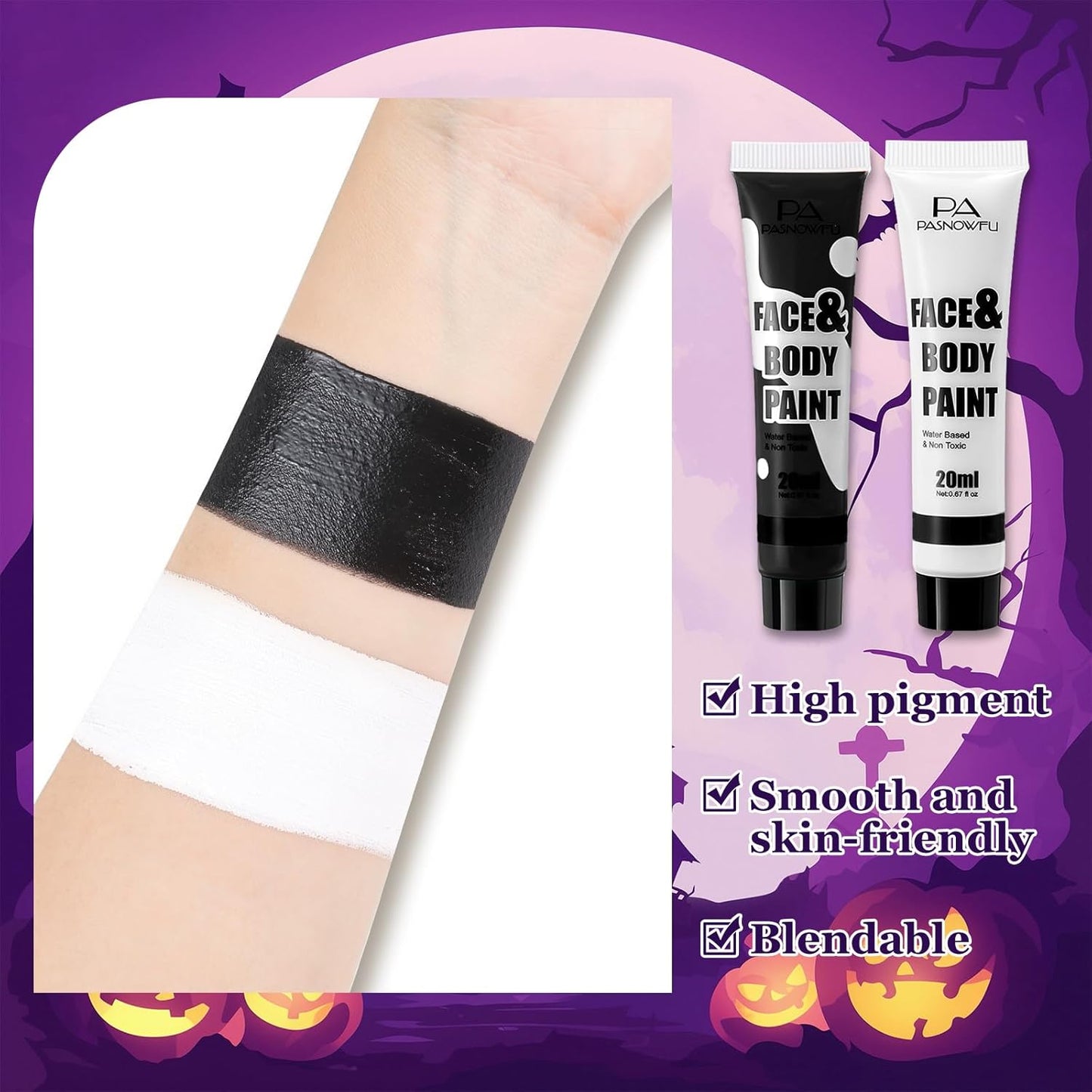 Black and White Face Paint - Professional Water-Based Non-Toxic Makeup Kit for Vampire Skeleton Clown, Highly Pigmented Body Paint for Halloween Costume Parties ，Stage Performances