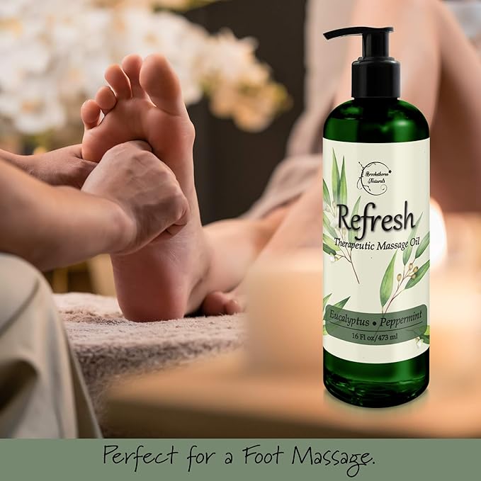 Refresh Massage Oil for Massage Therapy with Eucalyptus & Peppermint Essential Oils - All Natural, Great for Sore Muscles. Ideal for Full Body Relaxation – Nut Free Formula 16oz