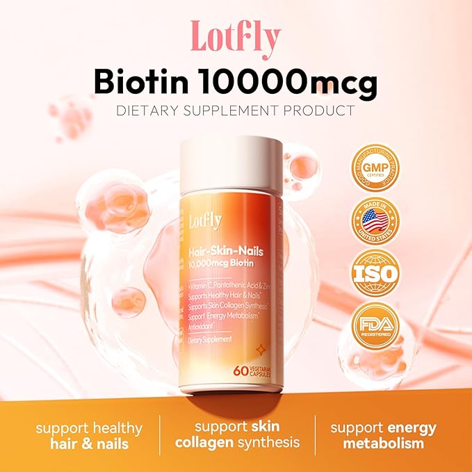 Biotin 10000 mcg with Zinc, Vitamin C & Calcium Pantothenate – Supports Healthy Hair Growth, Strong Nails & Glowing Skin for Women & Men | Made in The USA | 60 Vegan Capsules (60-Day Supply)