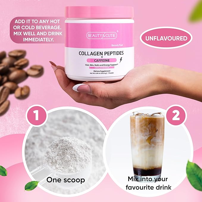 Collagen Peptides with Caffeine 200 mg, Powder, Grass Fed, for Hair, Skin, Nails and Energy Support, Gluten Free, Unflavored, 6.01 oz