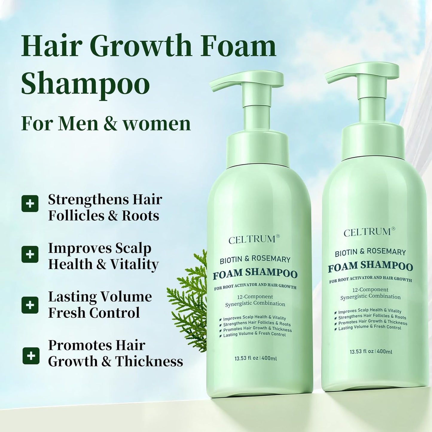 Foam Shampoo with Biotin & Rosemary for Hair Growth, Root Activator for Men and Women, 12-Component Synergistic Blend for Visibly Thicker Hair - 13.53 fl oz (Pack of 2)