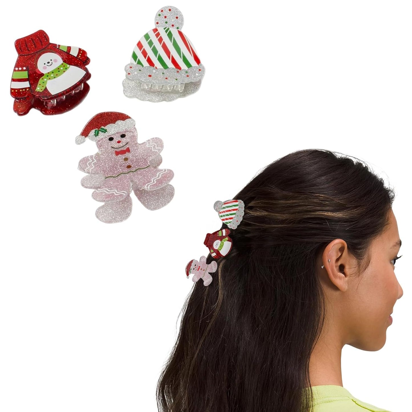 3Pcs Set Gingerbread Doll, Sweater Snowman, Christmas Hat Hair Claw Clips for Women, Christmas Hair Clips Cute Clups Acrylic Non-Slip Hair Claw Xmax Hair Accessories for Thick Hair and Thin Hair