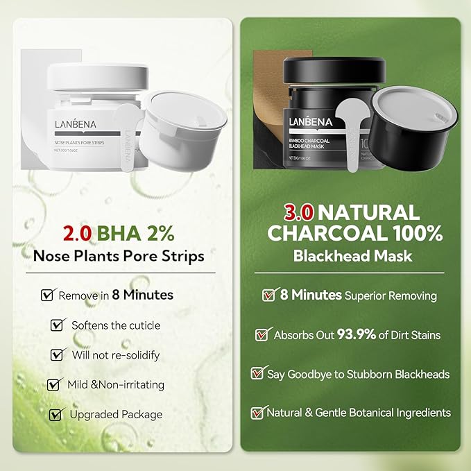 LANBENA Nose Pore Strips, 2pcs, 2% BHA(Salicylic Acid) Blackheads Remover Peel off Mask, Plants Pore Cleanser Purifying Face Mask, Unclog Pores, Oil Control, Upgraded 2.0 added Amazonian White Clay