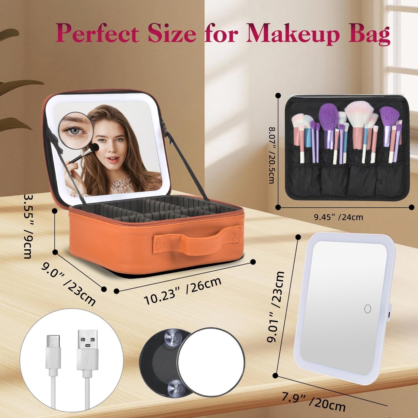 Travel Makeup Bag With LED Mirror,Cosmetic Train Case with 3 Color Setting,Cosmetic Makeup Organizer Bag with Adjustable Dividers,Portable Make up Box with Make up Brushes Holder Storage（Caramel）
