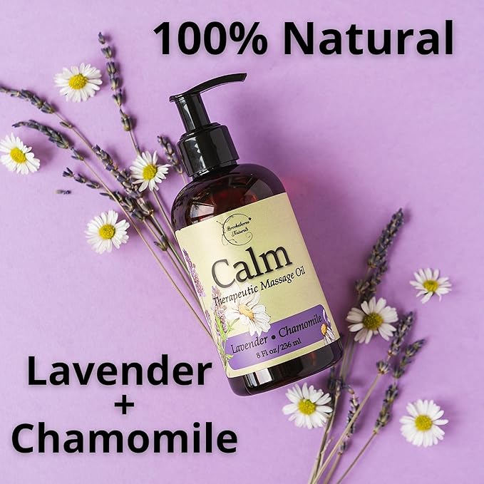Calm Massage Oil for Massage Therapy with Lavender & Chamomile Essential Oils to Relax Sore Muscles | All Natural with Coconut, Grapeseed & Jojoba for Smooth Skin | Brookethorne Naturals 8oz