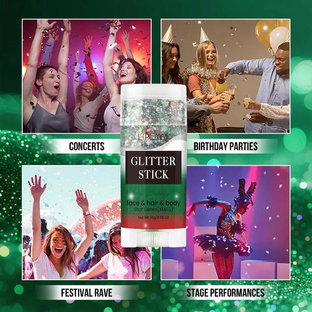 Christmas Body and Face Glitter Stick, Holographic Sparkling Neon Outfit Singer Concert Music Rave Festival Accessories Hair Glitter Gel Makeup. (Red &Green & White)