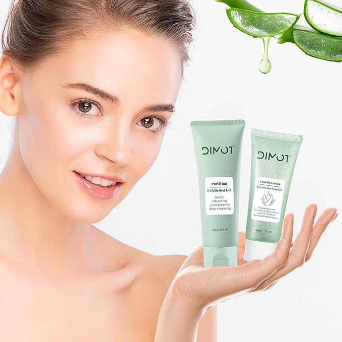 Purifying Exfoliating Gel, Facial Exfoliator Cleanser, Exfoliating Face Scrub with Aloe Vera Gel,Gentle Exfoliator Facial Cleanser for All Skin Types, Skin Care Set for Men & Women (Green, 2pc)
