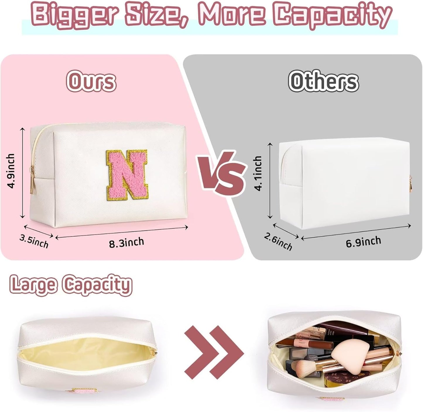 TOPEAST Travel Makeup Bag for Women - Preppy Cosmetic Bag, Personalized Initial Makeup Pouch Leather Waterproof Travel Toiletry Bag | Birthday Travel Gifts (Pearly White E)