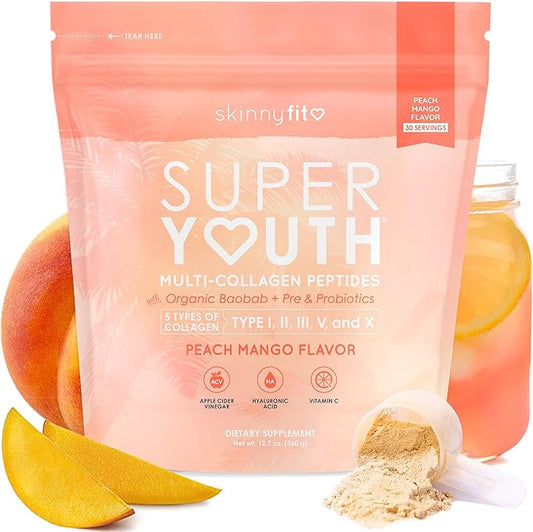 SkinnyFit Super Youth Peach Mango Multi-Collagen Peptides + Probiotics, Baobab Fiber, Apple Cider Vinegar, Hyaluronic Acid, & Vitamin C, Skin, Hair, Joint & Metabolism Support, 30 Servings