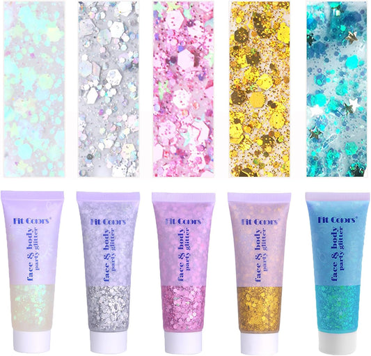 Face Body Glitter, Hair Glitter Sparkles Chunky Face Glitter Gel for Girls Makeup Singer Concerts Mermaid Festival Sequins Face Paint (White+Silver+Pink+Gold+Light Blue)