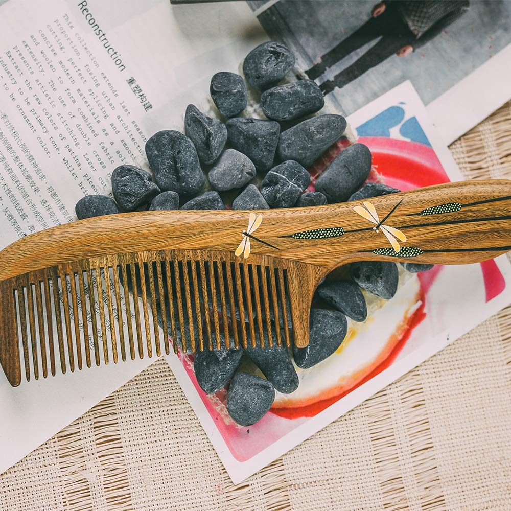 Tan Mujiang Anti-Static, Wood Comb with Dragonfly and Lightning