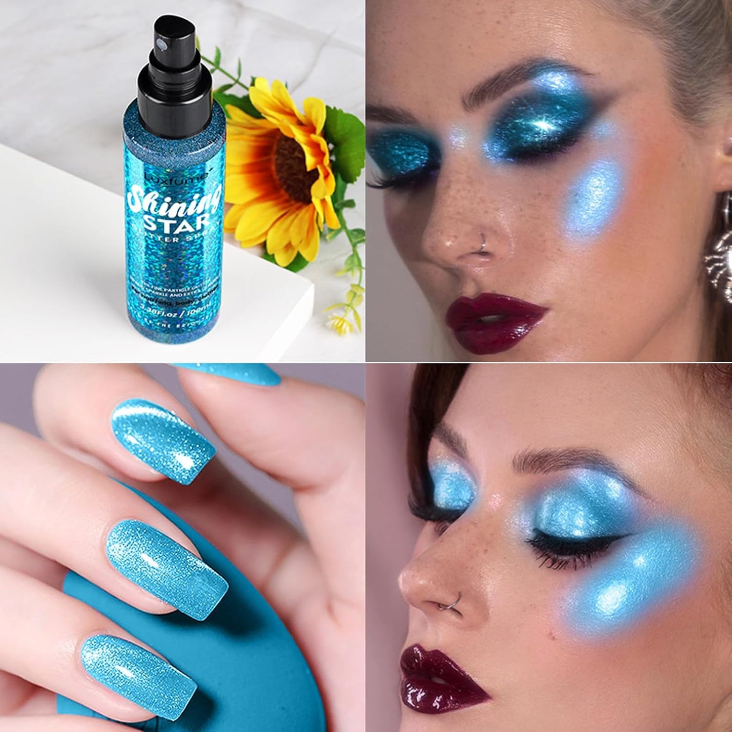 MEICOLY Blue Body Glitter Spray,100ML(3.53OZ),Liquid Glitter Hairspray,Sparkle Hair Spray,Glitter Spray for Hair/Body/Clothes,Body Shimmer for Skin,Lightweight,Long Lasting