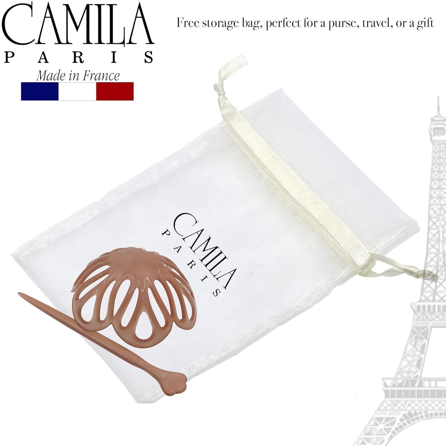 Camila Paris CP3144 French Hair Bun Clip Maker Cover Cap Holder, Nude, Round Dome Bun Hair Clip for Women's Updo, Styling Accessory, No Slip and Durable, Made in France