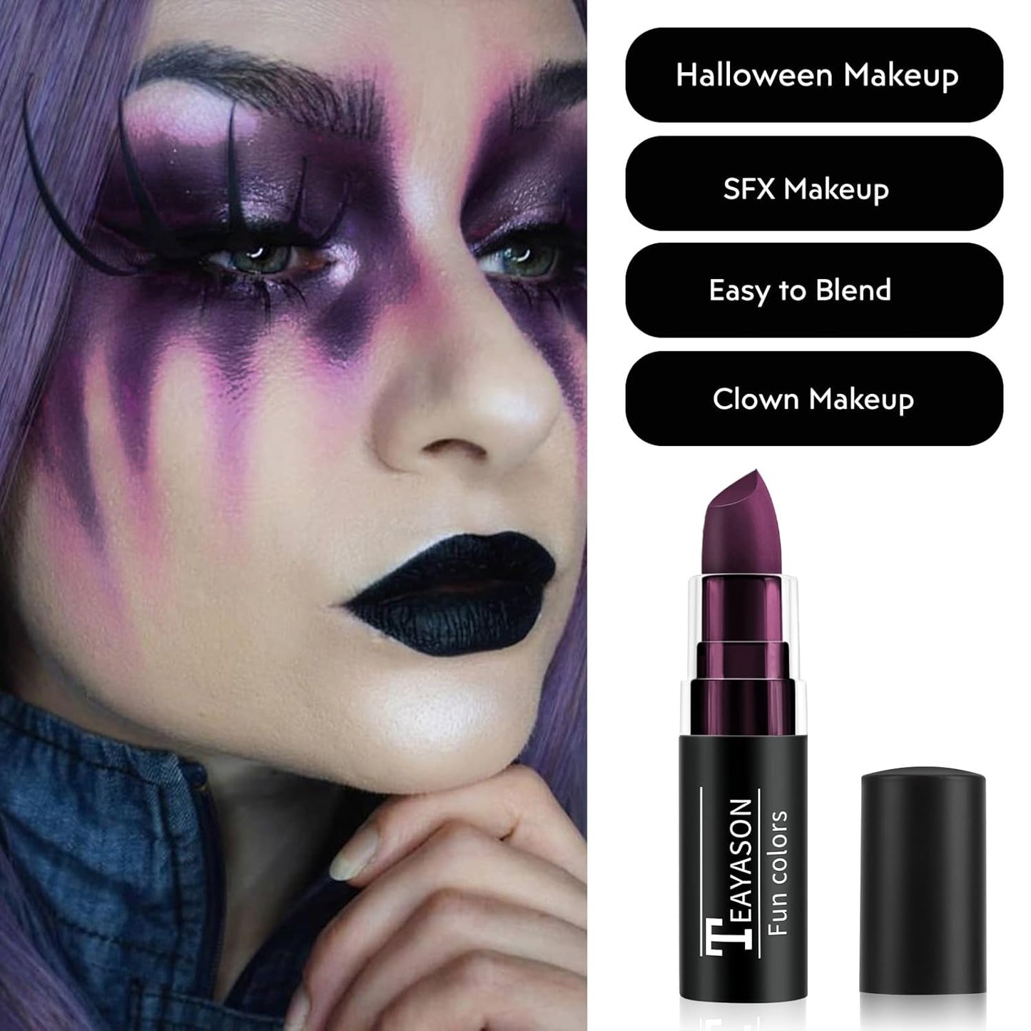 Purple Face Body Paint Stick, Matte Purple Lipstick Eye Black Stick Face-Paint Make Up, Long Lasting Waterproof Face Makeup for Halloween Ursula Witch Cheshire Cat Cosplay Makeup