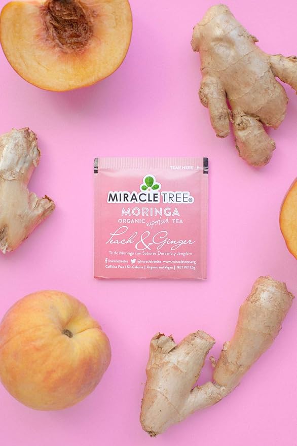 Miracle Tree - Organic Moringa Superfood Tea, 25 Individually Sealed Tea Bags, Peach & Ginger (Keto, Detox, Energy & Immunity Booster, Vegan, Gluten-Free, Organic, Non-GMO, Caffeine-Free)