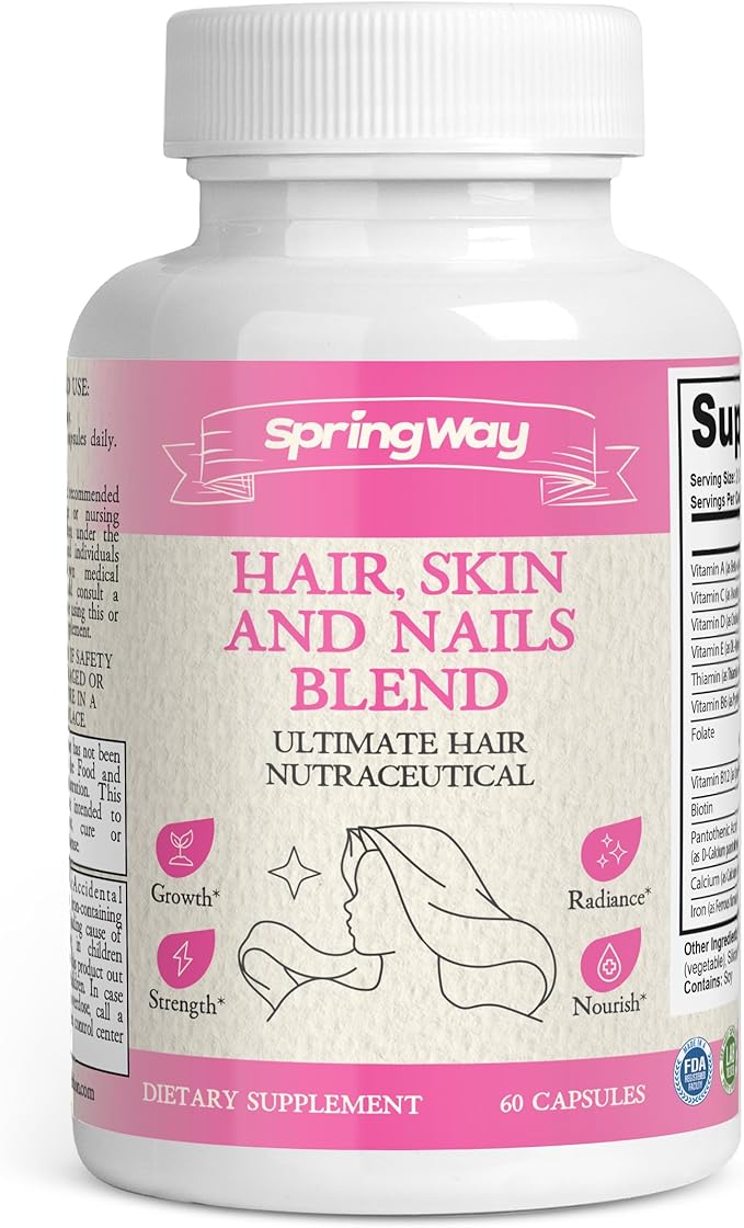 Hair Skin & Nails Blend, Ultimate Hair Nutraceutical With Biotin 5000mcg, Vitamins A, B6, C, D, Supports Healthy Hair, Supports Faster Hair Growth, Healthy Skin, Stronger Nails, 60 Capsules