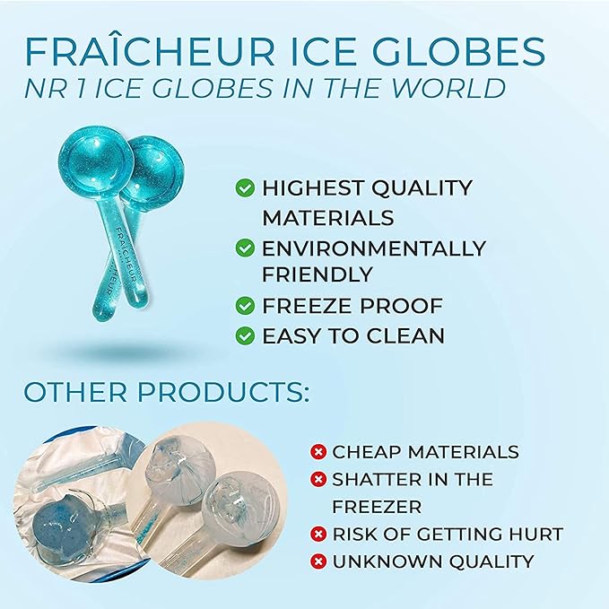 FRAÎCHEUR ICE Globes | Frozen Cryo Roller for Cold Facial Massage | Skincare Cooling Glass Massager with Anti-Freeze Liquid Inside | Reduce Puffiness, Pores (Pink with Glitters)