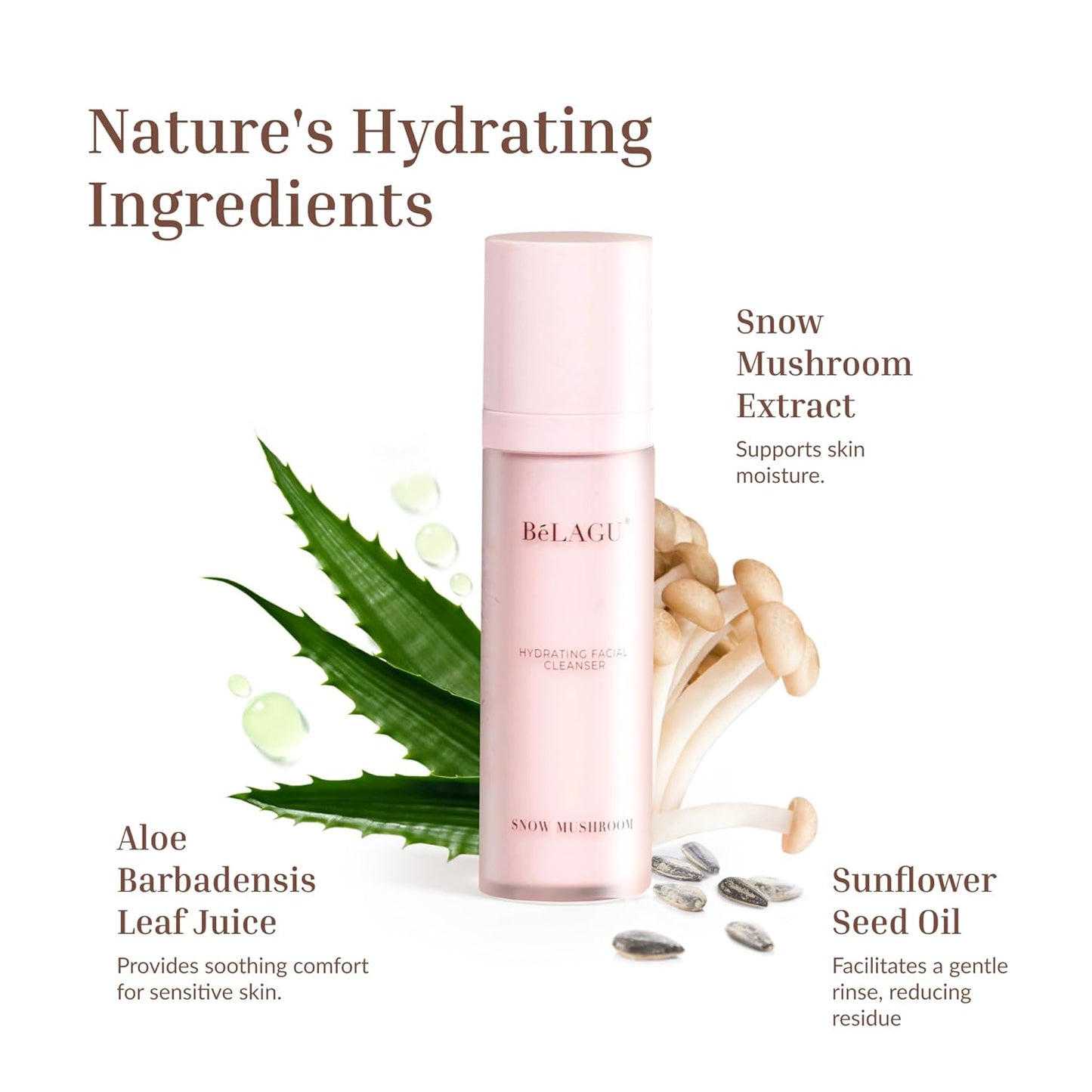 Hydrating Facial Cleanser with Squalane & Snow Mushroom | Gentle Face Wash for Makeup Removal & Soft, Hydrated Skin | Natural, Vegan (4.1 fl Oz)