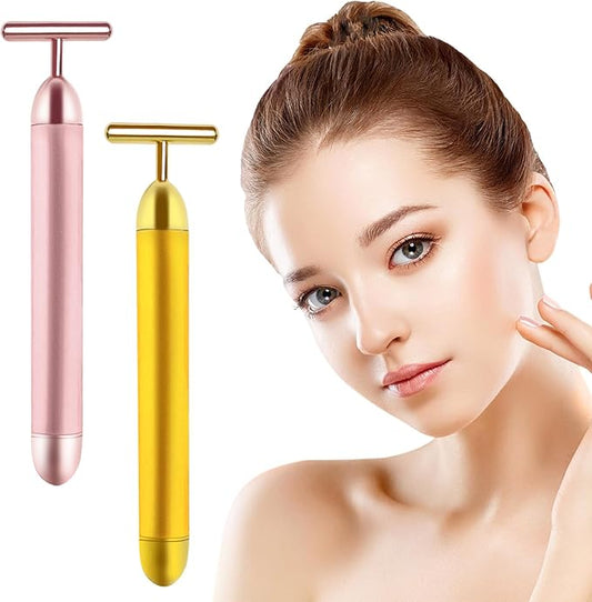 2 Pack T Shape Face Massager Beauty Bar Golden & Pink Facial Massager, Portable Electric Vibration Face Neck Body Massager for Firming Lifting Anti Aging Skin Tightening Wrinkle Reducing