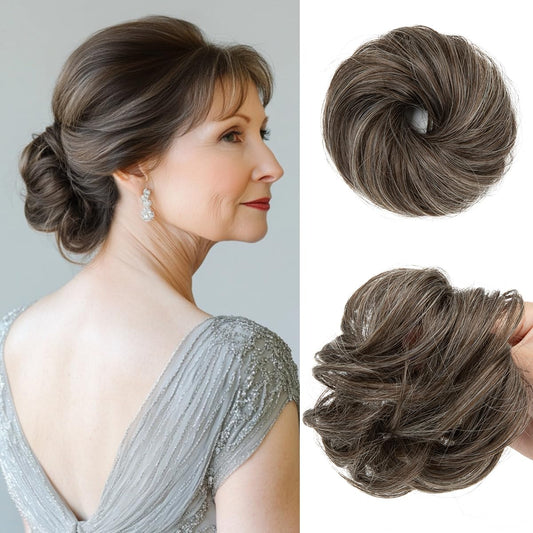 CJL HAIR 2PCs Small Cute Messy Bun Hair Piece for Thin Hair Women Mini Synthetic Curly Bun Scrunchies Updo Hairpieces Pepper Brown