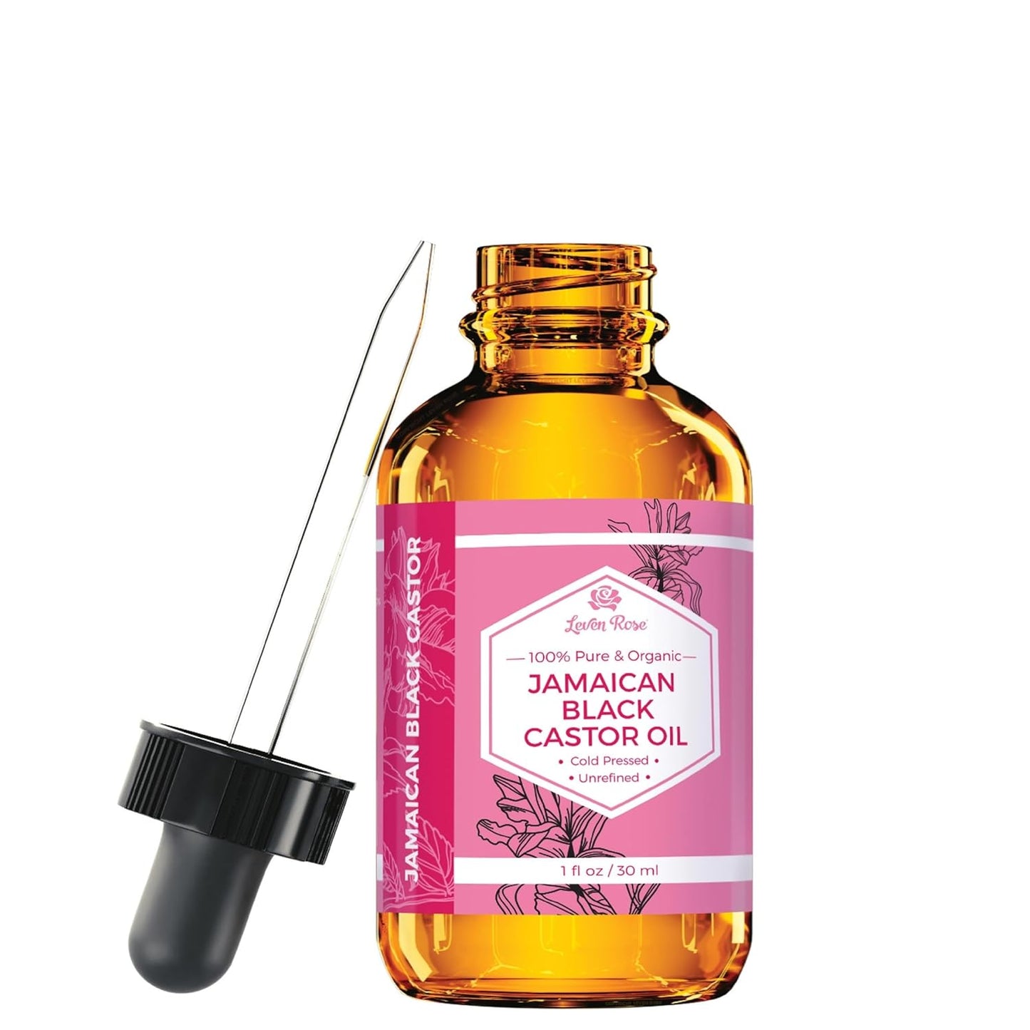 Leven Rose Organic Jamaican Black Castor Oil for Hair Growth, 100% Organic Cold Pressed Hexane Free Black Jamaican Castor Oil 1oz