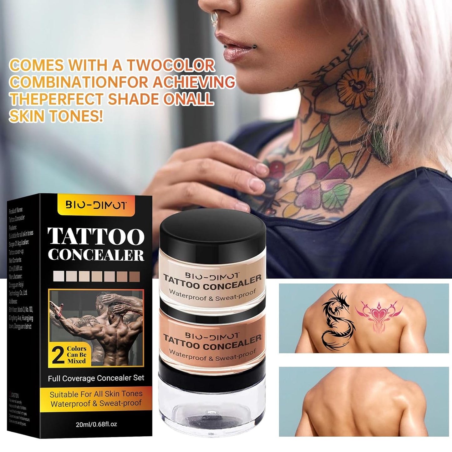 BIO-DIMOT Tattoo Cover Up, 2 Colors Waterproof & Sweatproof Tattoo Cover Up Makeup, Invisible & Natural, Skin-Friendly Body Makeup Suitable for Tattoos, Scars, Spots & Vitiligo (1PCS)