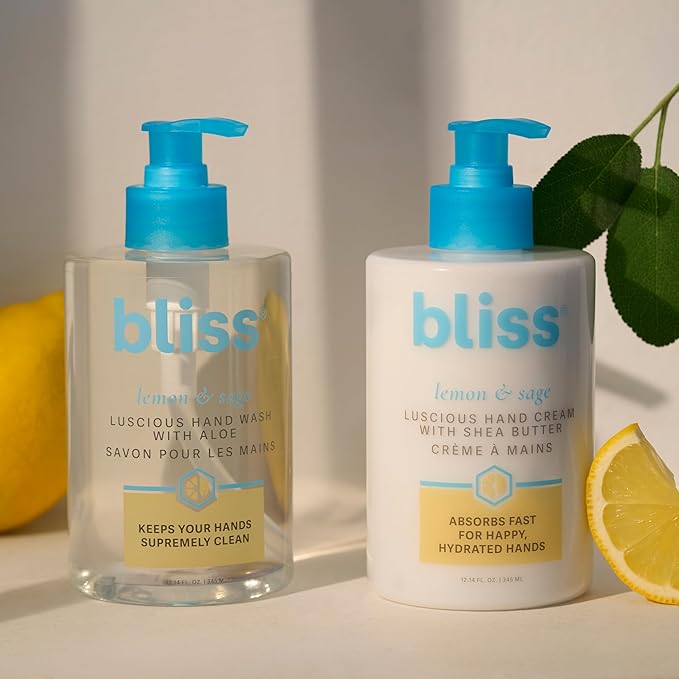 Bliss Lemon & Sage Happy Hands Duo | Hydrating Hand Wash & Nourishing Hand Cream Set with Decorative Tray