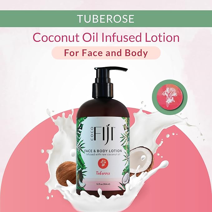 Coco Fiji Face & Body Lotion Infused With Coconut Oil | Lotion for Dry Skin | Moisturizer Face Cream & Massage Lotion for Women & Men |Tuberose 12 ozPack of 3