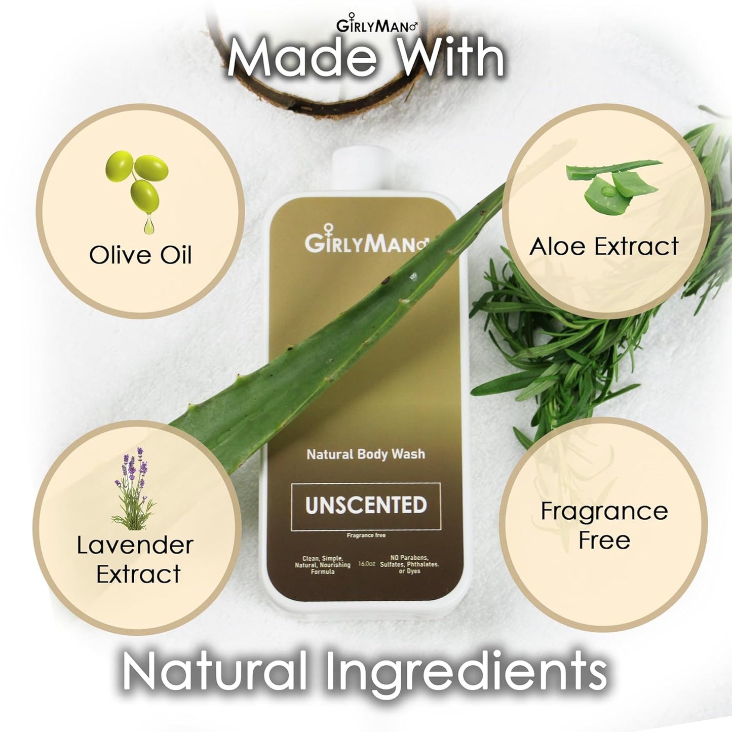 GirlyMan Natural Body Wash - Made with Olive Oil & Aloe Extract, No Artificial Fragrance, PH Balanced, Gentle Formula, Nourishing Ingredients, Family Owned (Unscented)