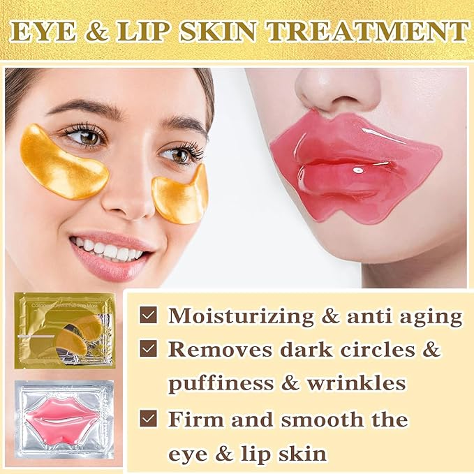 Gold Eye Mask And Pink Lip Mask,Natural Gel Eye Masks,Under Eye Gel Patches for Dark Circles,Eye Mask for Puffy Eyes,10 Pairs Gold Eye Mask And 10 Pcs Pink Lip Mask