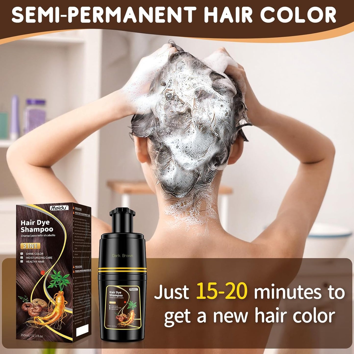 IIIMEIDU Dark Brown Hair dye Shampoo 3 in 1, Natural Hair Color Shampoo for Gray Hair, Shampoo Tinte Para el Cabello for Women and Men 100% Grey Hair Coverage, 350ml