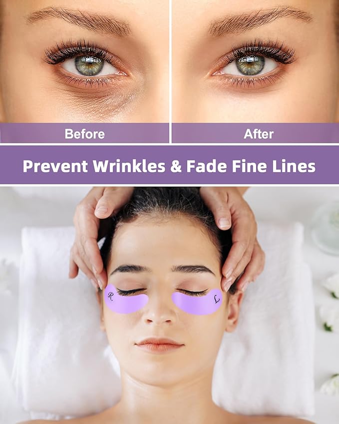 2 Pairs Reusable Under Eye Wrinkle Patches Silicone Mask, Plump Fine Lines & Wrinkles, with Metal Eye Cream Applicator, Tin Case, Purple