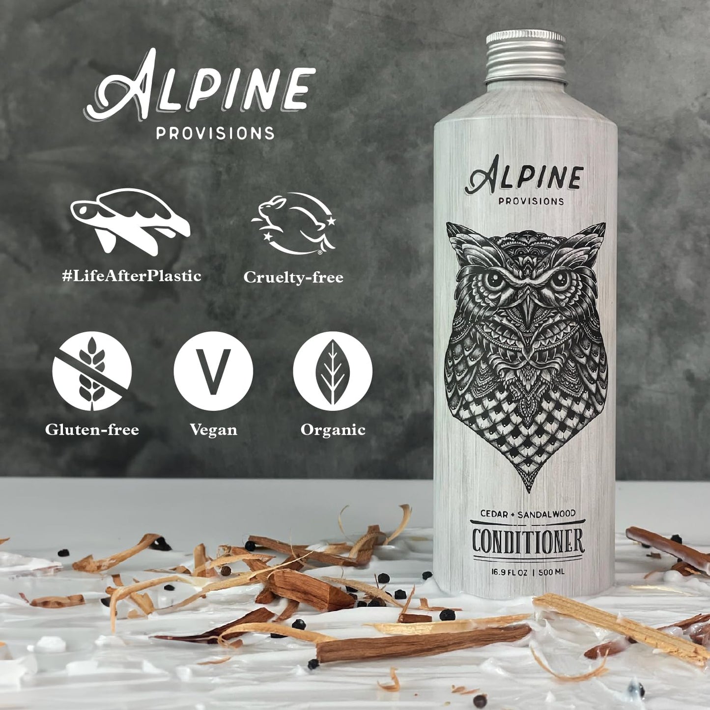 Alpine Provisions Cedar & Sandalwood Organic Conditioner - Natural, Moisturizing, & Strengthening w/Essential Oils, Sunflower oil & Aloe Vera, Vegan, Sulfate - Plant-Based Hair Care - 16.9 FL Oz