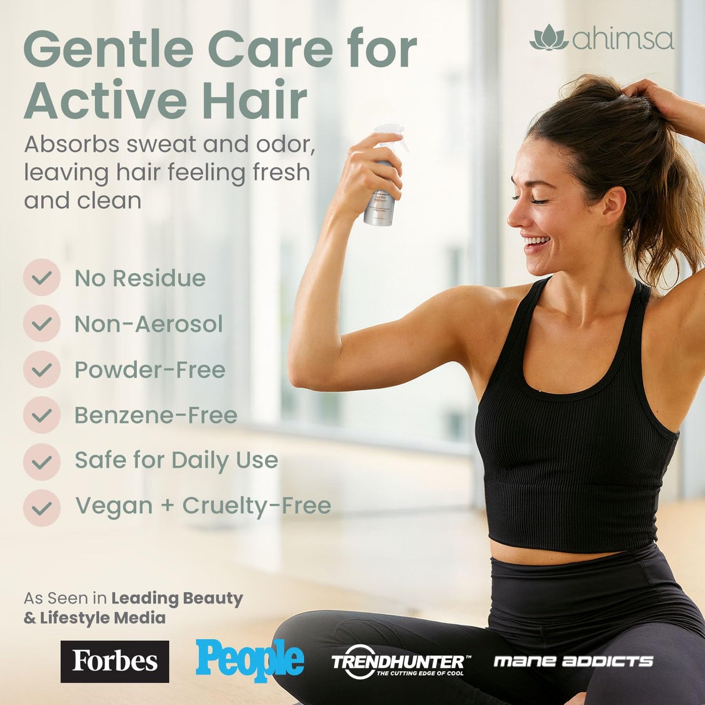 Ahimsa Dry Shampoo Mist Spray 120ml - Non-Aerosol Post-Workout Dry Shampoo Spray for Women Natural No White Residue, Volumizing Refreshing Hair Care, Effectively Absorbs Oil and Sweat, Jasmine Aroma