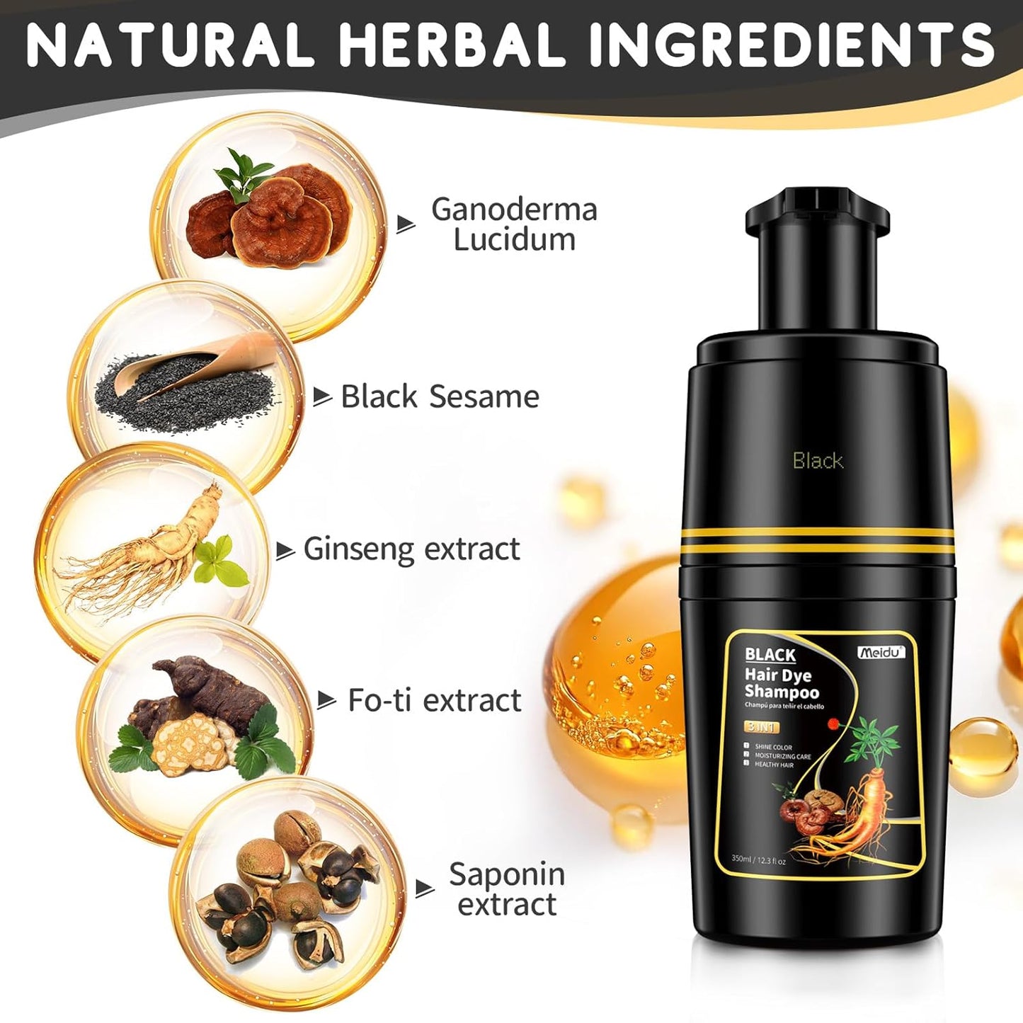 Black Hair dye Shampoo 3 in 1, Natural Hair Color Shampoo for Gray Hair, Tinte Para el Cabello for Women and Men 100% Grey Coverage, 350ml