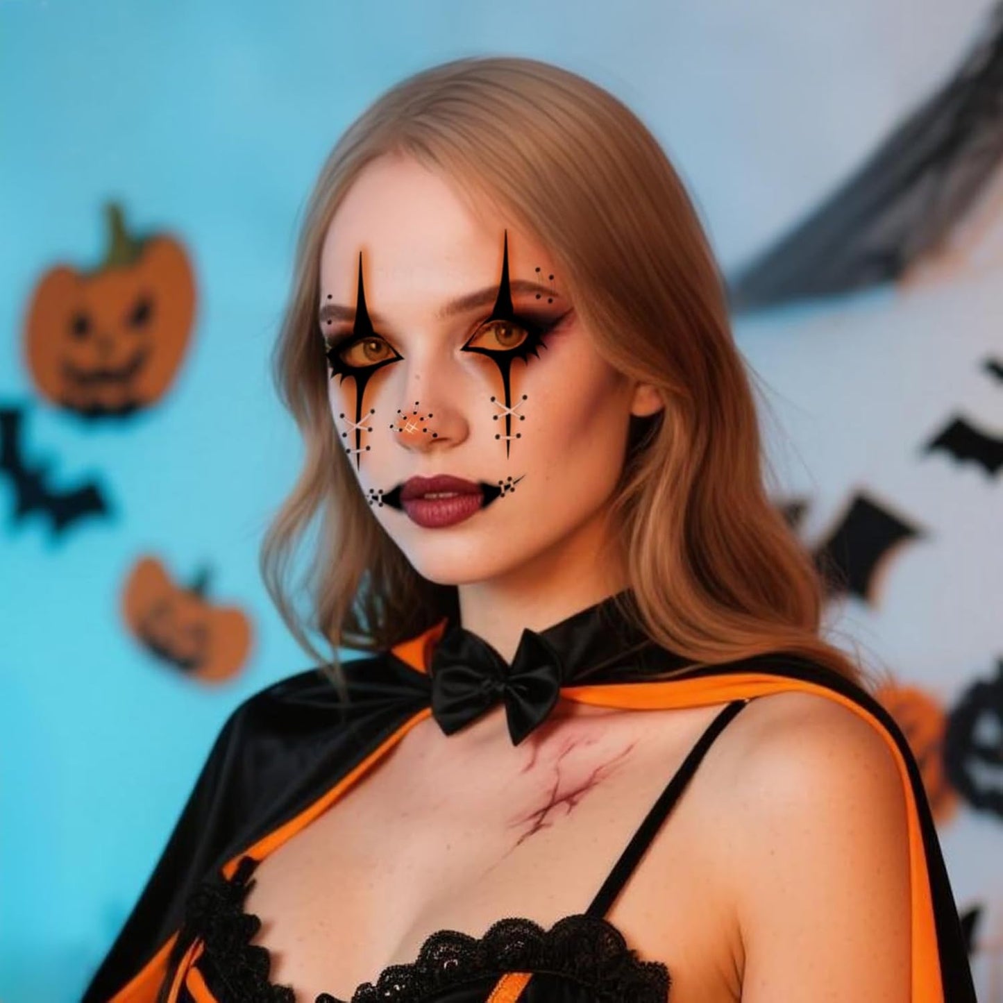 Halloween Face Tattoos, Spooky Halloween Face Tattoos Stickers, Face Temporary Tattoos with Stitched Lips & Nose,Face Makeup Tattoo Stickers for Adults, Kids, Cosplay, Parties 8Pcs