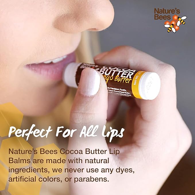 Nature's Bees Cocoa Butter Lip Balm Moisturizer, Shea Butter Flavor, Hydrating Lip Care for Dry Lips, Made in the USA with Coconut Oil, Beeswax, Vitamin E, and Aloe, 0.15 oz Each, 24 Pack
