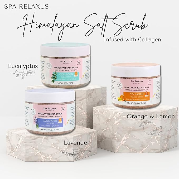 Spa Relaxus Himalayan Salt Scrub with Collagen 17.6 oz Jar, Rejuvenating Hydrating Salt Scrub with 84+ Minerals, Vitamin E, Jojoba Oil and Essential Oils (17.6 oz, Eucalyptus)