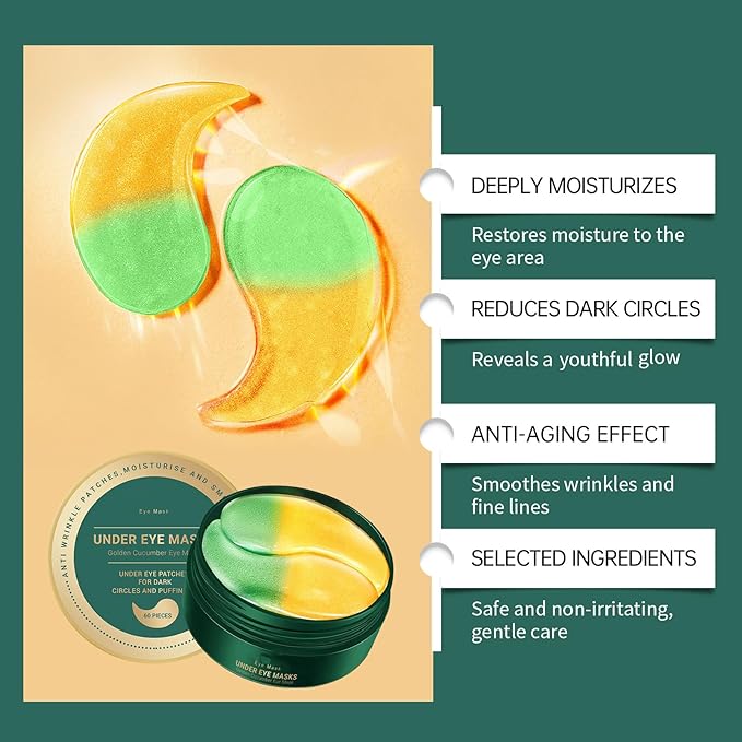 Under Eye Masks，Golden Cucumber Eye Mask 60 Tablets Set，Eye Mask for Fine Lines, Wrinkles, Dark Circles and Eye Puffiness，Suitable for Both Men and Women，5.64 OZ